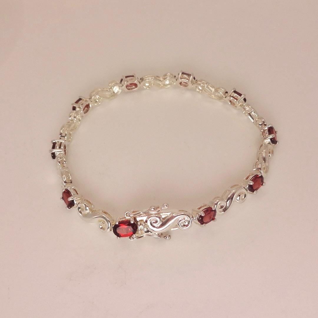 Vintage Red Garnet Bracelet Sterling Silver Deco Tennis