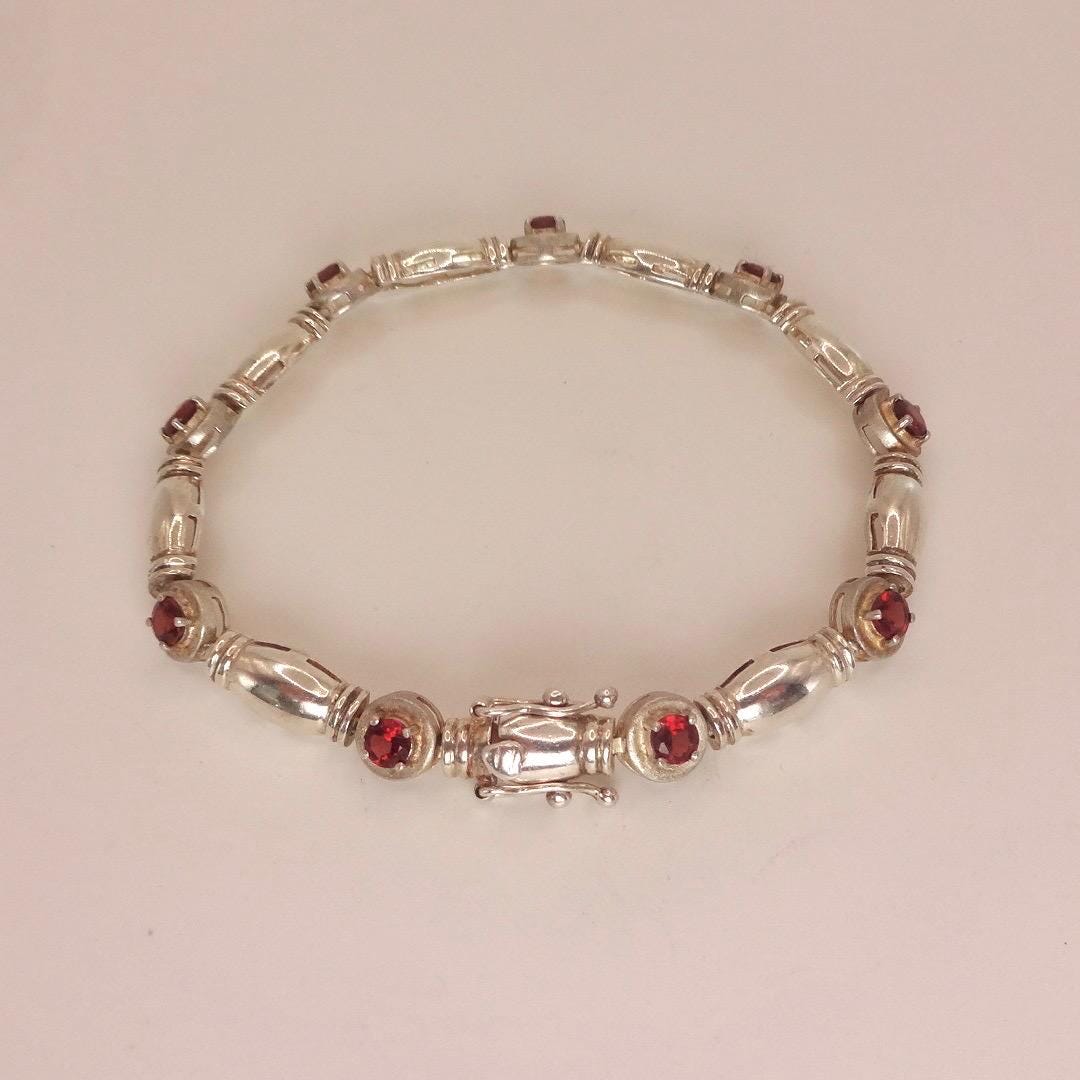 Vintage Red Garnet Bracelet Sterling Silver Deco Tennis