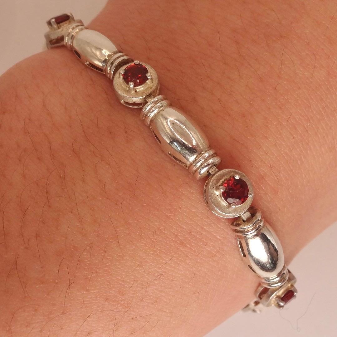 Vintage Red Garnet Bracelet Sterling Silver Deco Tennis