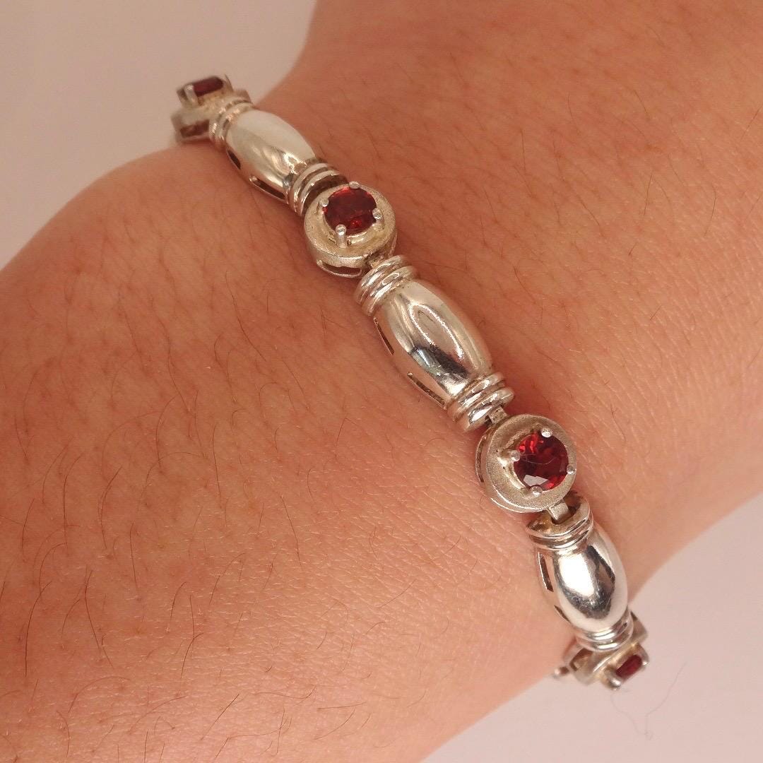 Vintage Red Garnet Bracelet Sterling Silver Deco Tennis