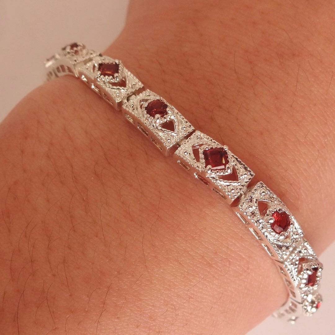 Vintage Red Garnet Bracelet Sterling Silver Deco Tennis
