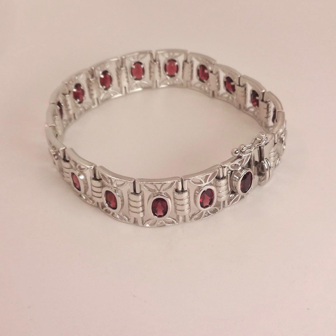 Vintage Red Garnet Bracelet Sterling Silver Deco Tennis