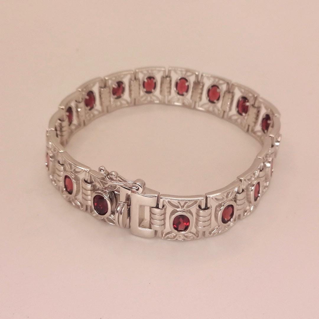 Vintage Red Garnet Bracelet Sterling Silver Deco Tennis