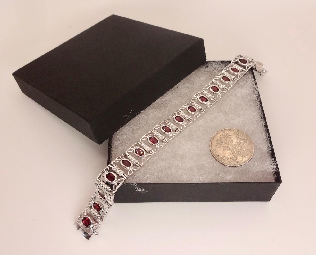 Vintage Red Garnet Bracelet Sterling Silver Deco Tennis