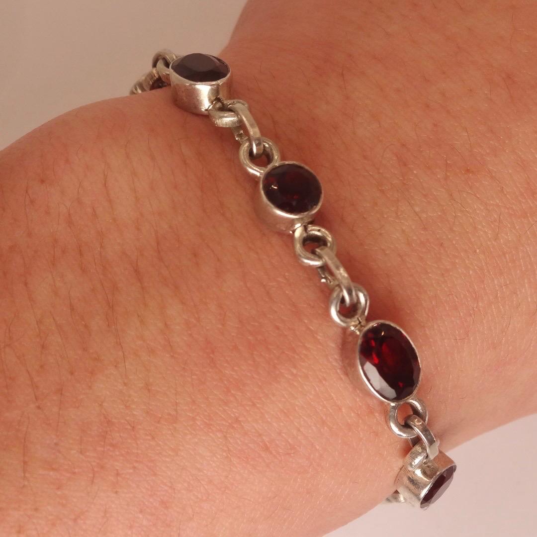 Vintage Bohemian Red Garnet Bracelet 925 Sterling Silver Toggle