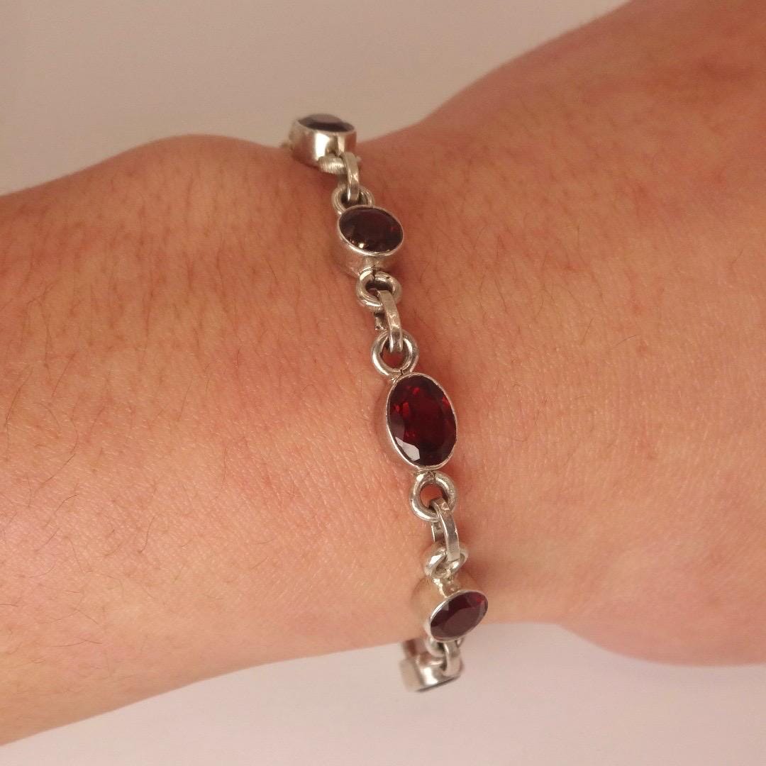 Vintage Bohemian Red Garnet Bracelet 925 Sterling Silver Toggle