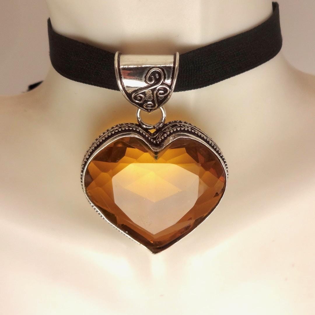 Vintage Amber Glass Heart Antique Black Velvet Ribbon Choker Necklace