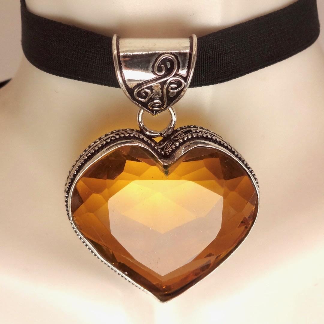 Vintage Amber Glass Heart Antique Black Velvet Ribbon Choker Necklace