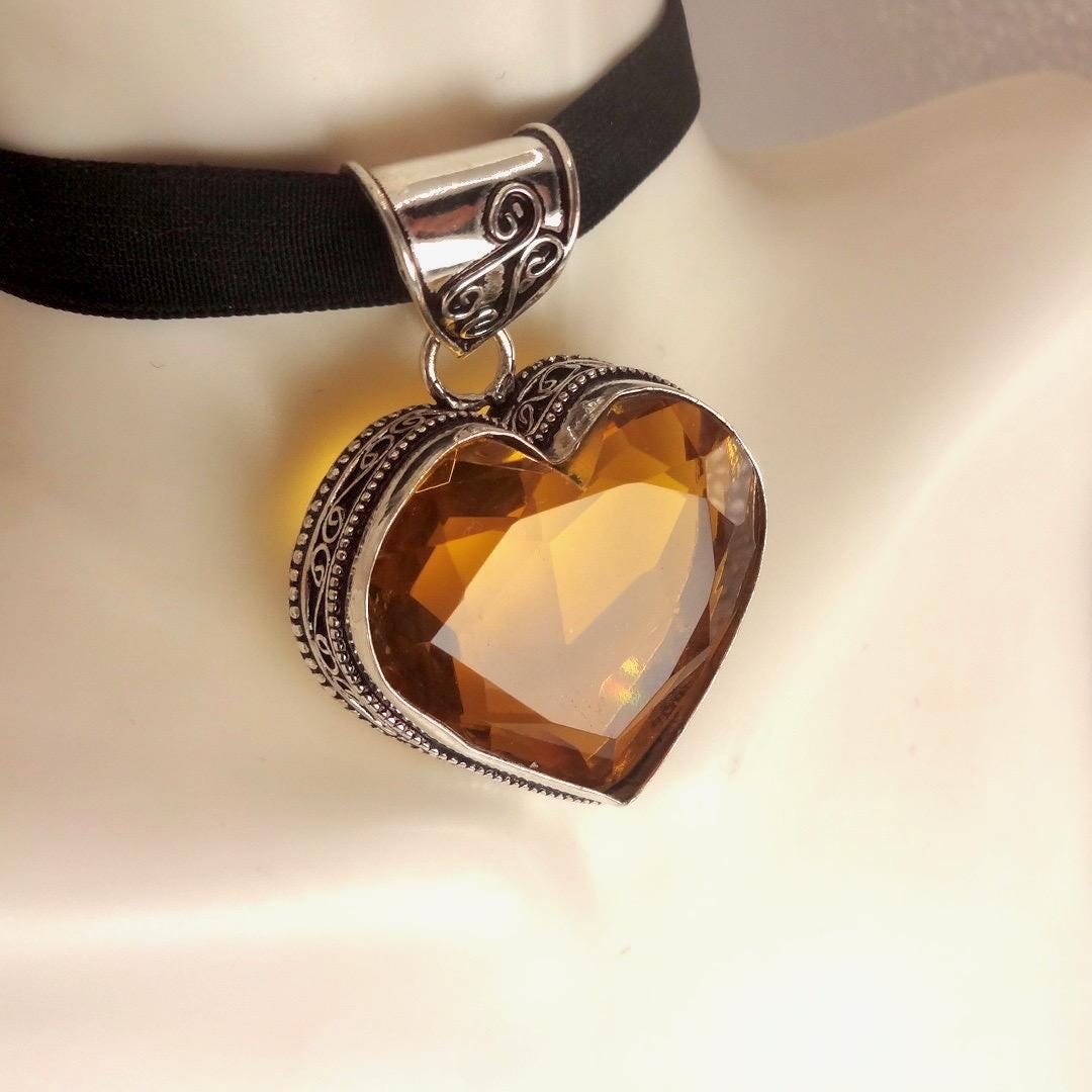 Vintage Amber Glass Heart Antique Black Velvet Ribbon Choker Necklace