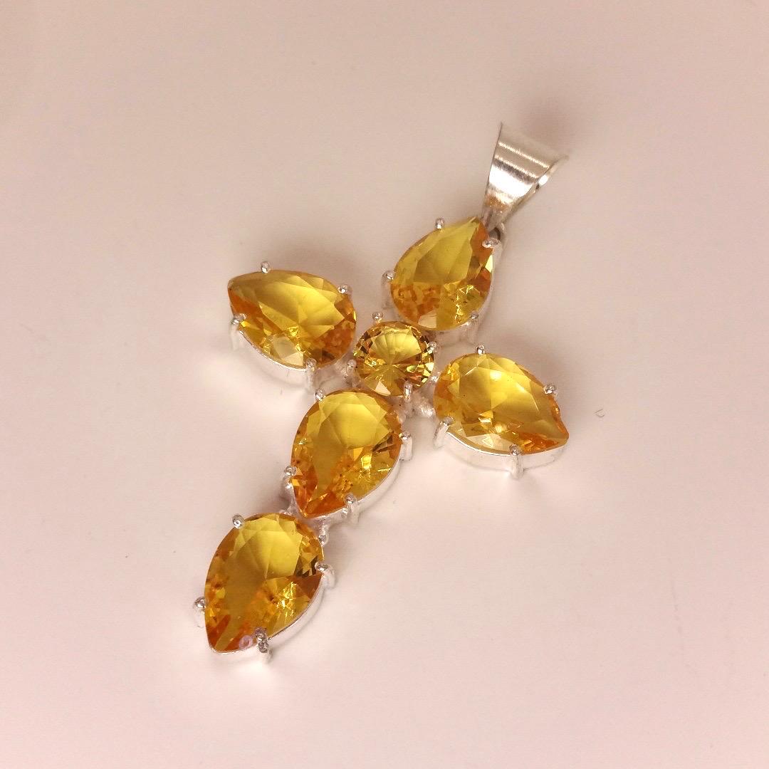Vintage Silver Golden Citrine Cross Choker Black Velvet Necklace.