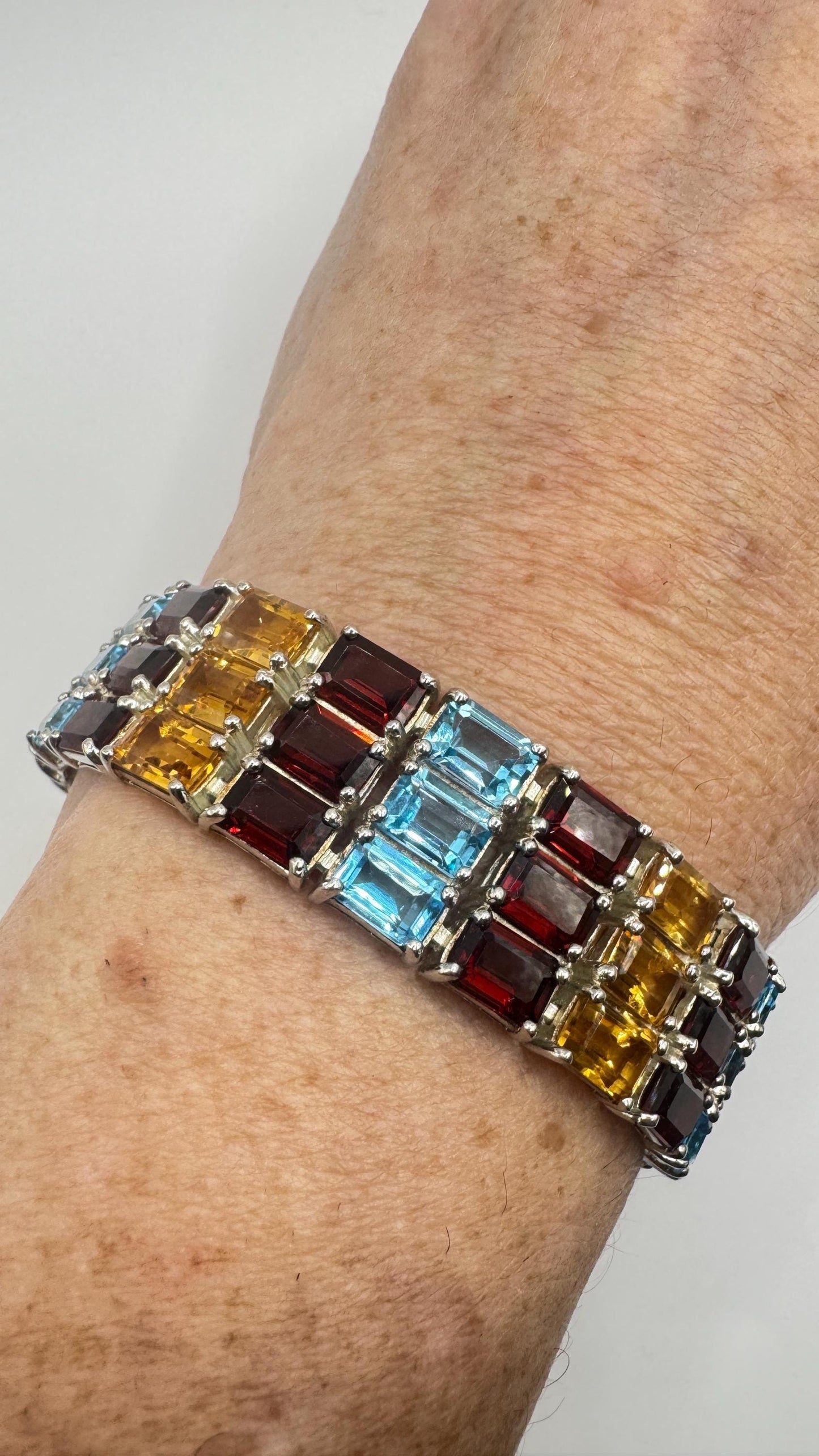 Handmade Garnet Citrine Blue Topaz in 925 Sterling Silver Tennis Bracelet