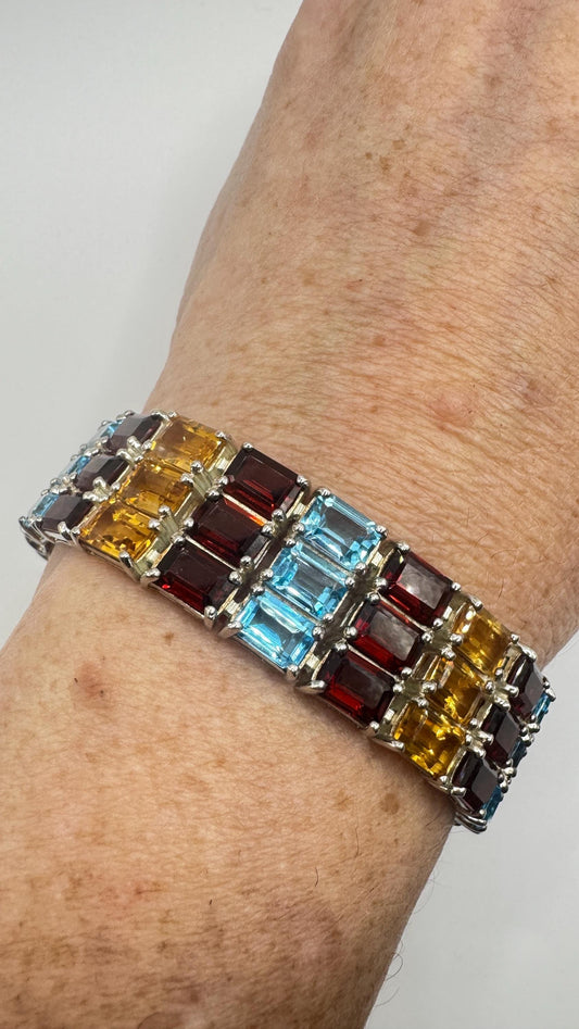 Handmade Garnet Citrine Blue Topaz in 925 Sterling Silver Tennis Bracelet
