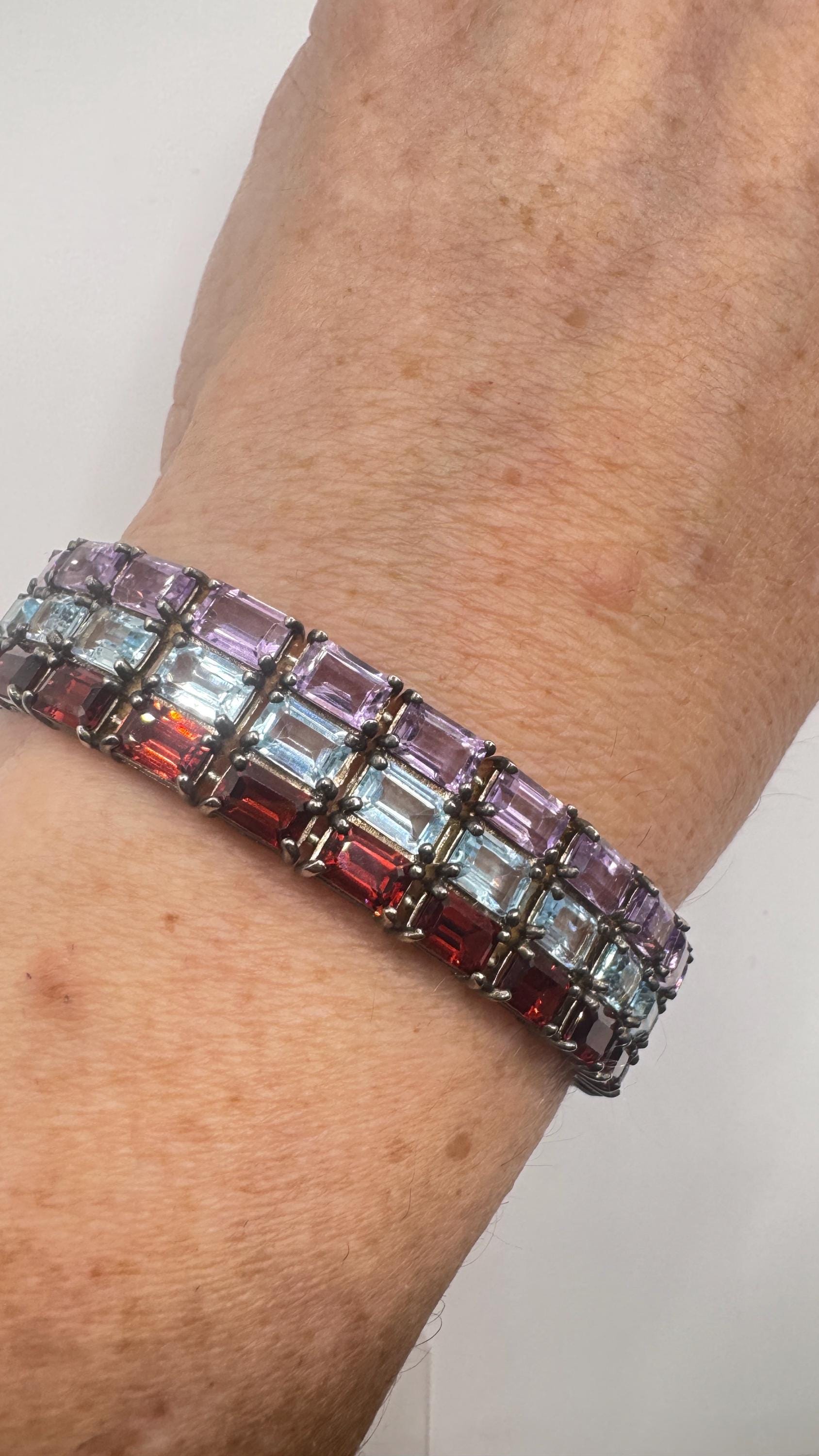 Vintage Garnet Amethyst Blue Topaz 925 Sterling Silver Tennis Bracelet