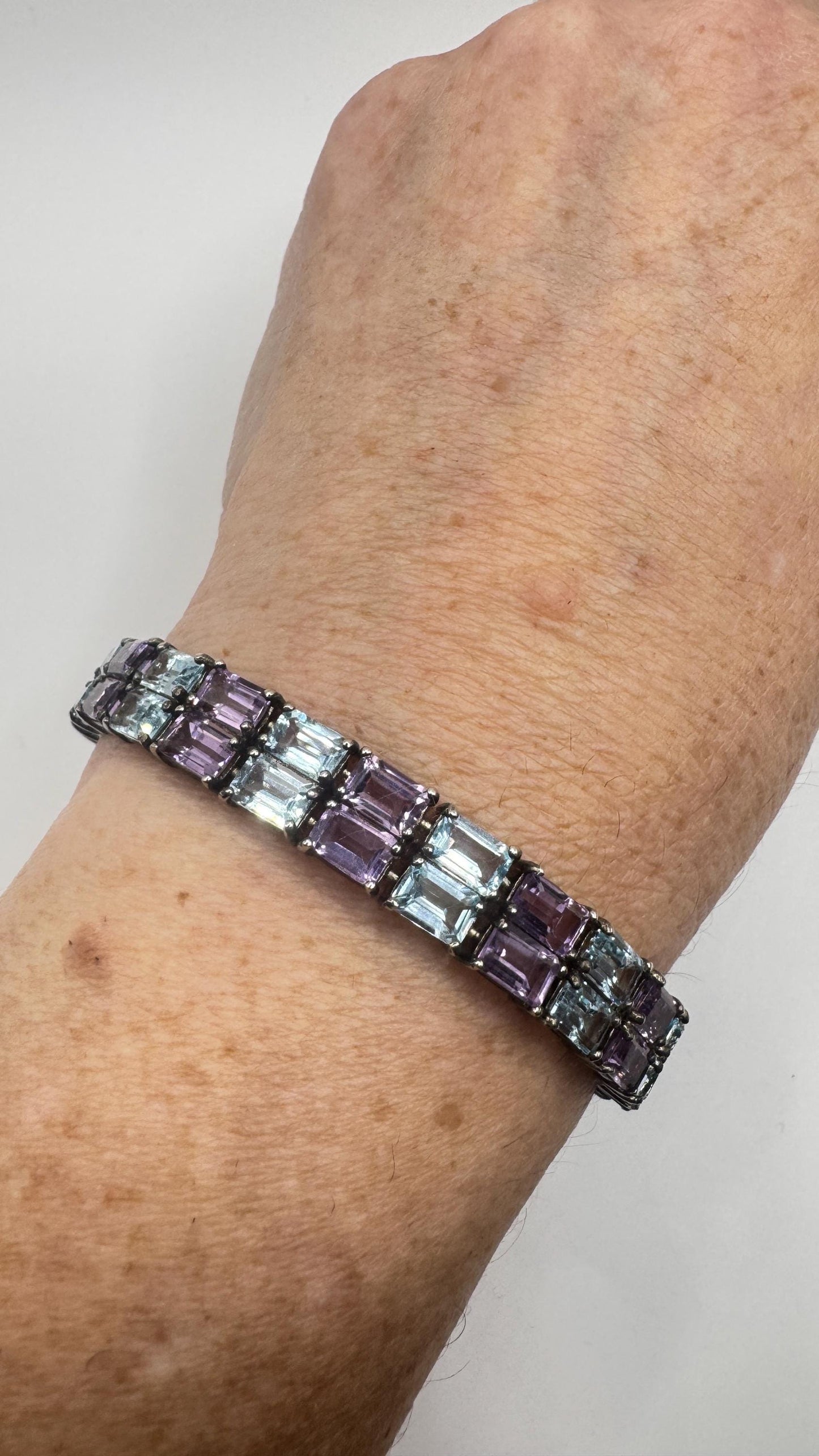 Vintage Amethyst Blue Topaz 925 Sterling Silver Tennis Bracelet