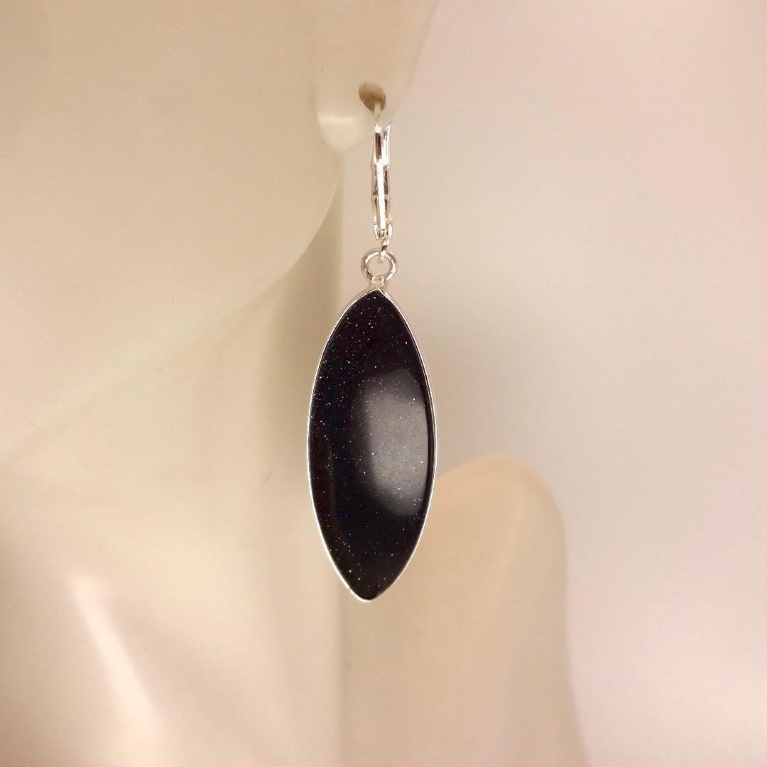 Antique Vintage Black Goldstone Silver Dangle Earrings