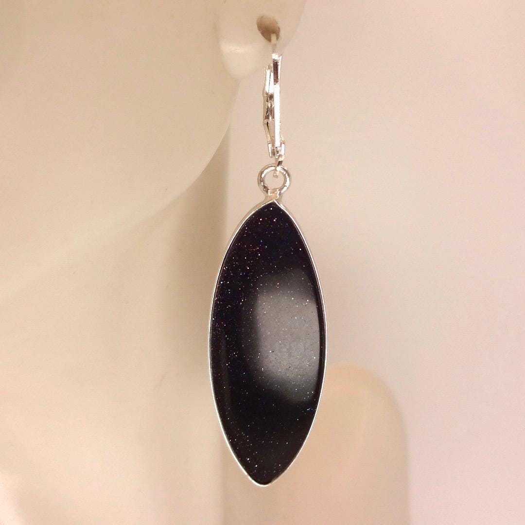 Antique Vintage Black Goldstone Silver Dangle Earrings