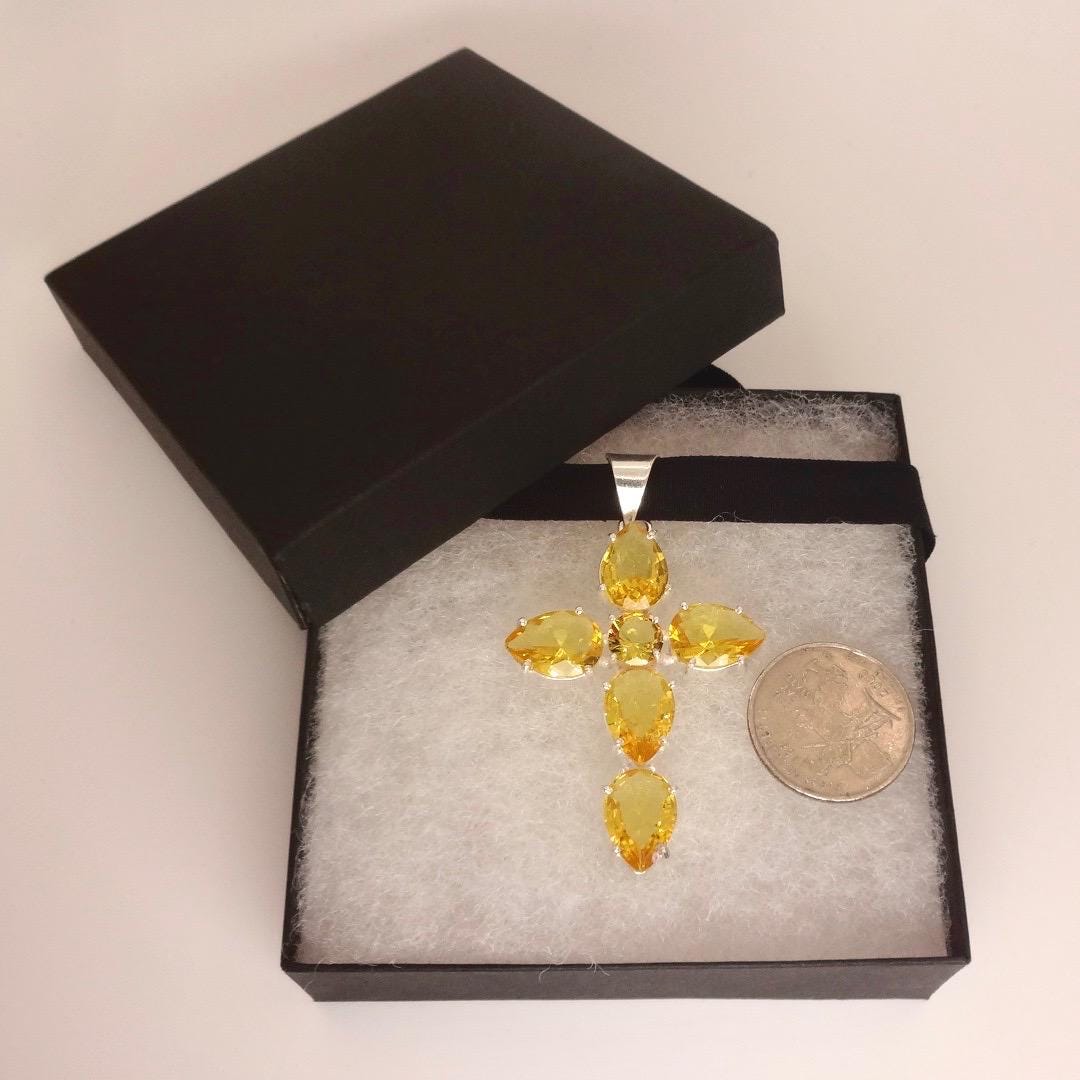 Vintage Silver Golden Citrine Cross Choker Black Velvet Necklace.