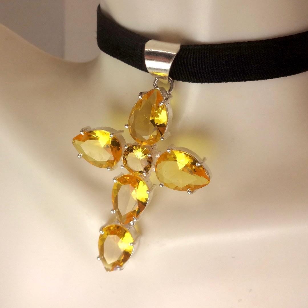 Vintage Silver Golden Citrine Cross Choker Black Velvet Necklace.