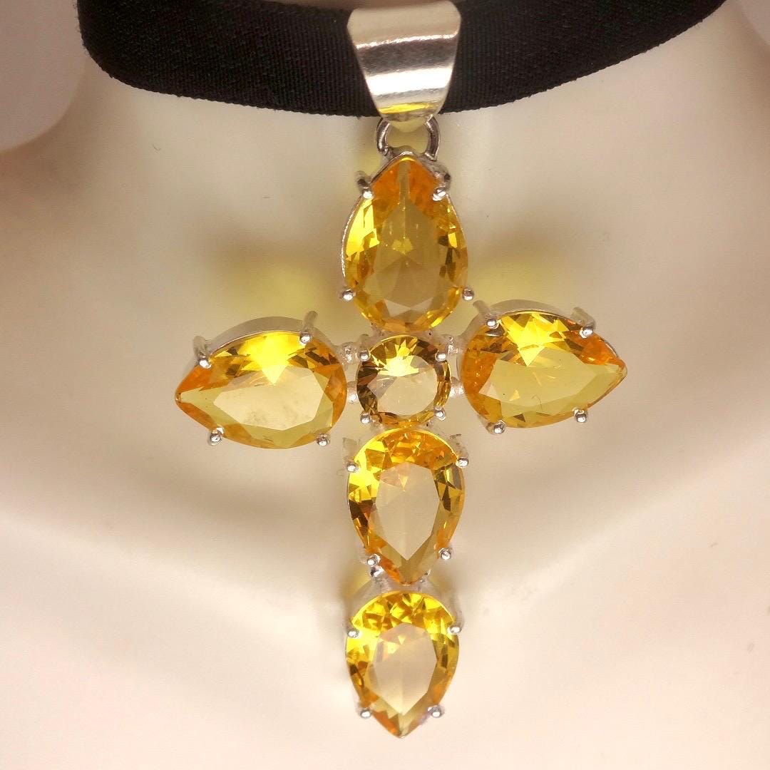 Vintage Silver Golden Citrine Cross Choker Black Velvet Necklace.
