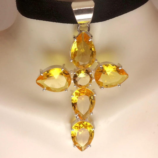 Vintage Silver Golden Citrine Cross Choker Black Velvet Necklace.