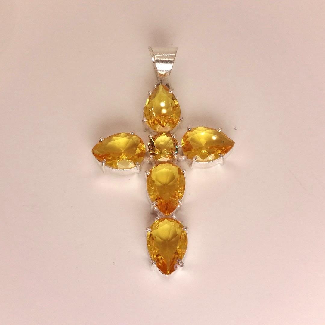 Vintage Silver Golden Citrine Cross Choker Black Velvet Necklace.