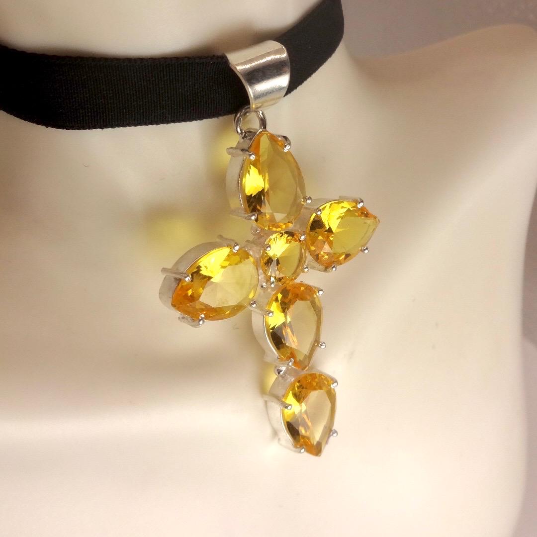 Vintage Silver Golden Citrine Cross Choker Black Velvet Necklace.