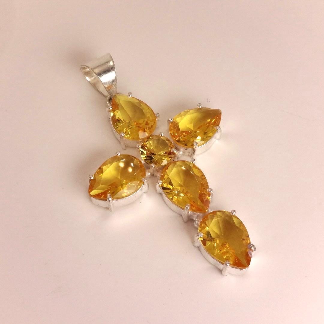 Vintage Silver Golden Citrine Cross Choker Black Velvet Necklace.