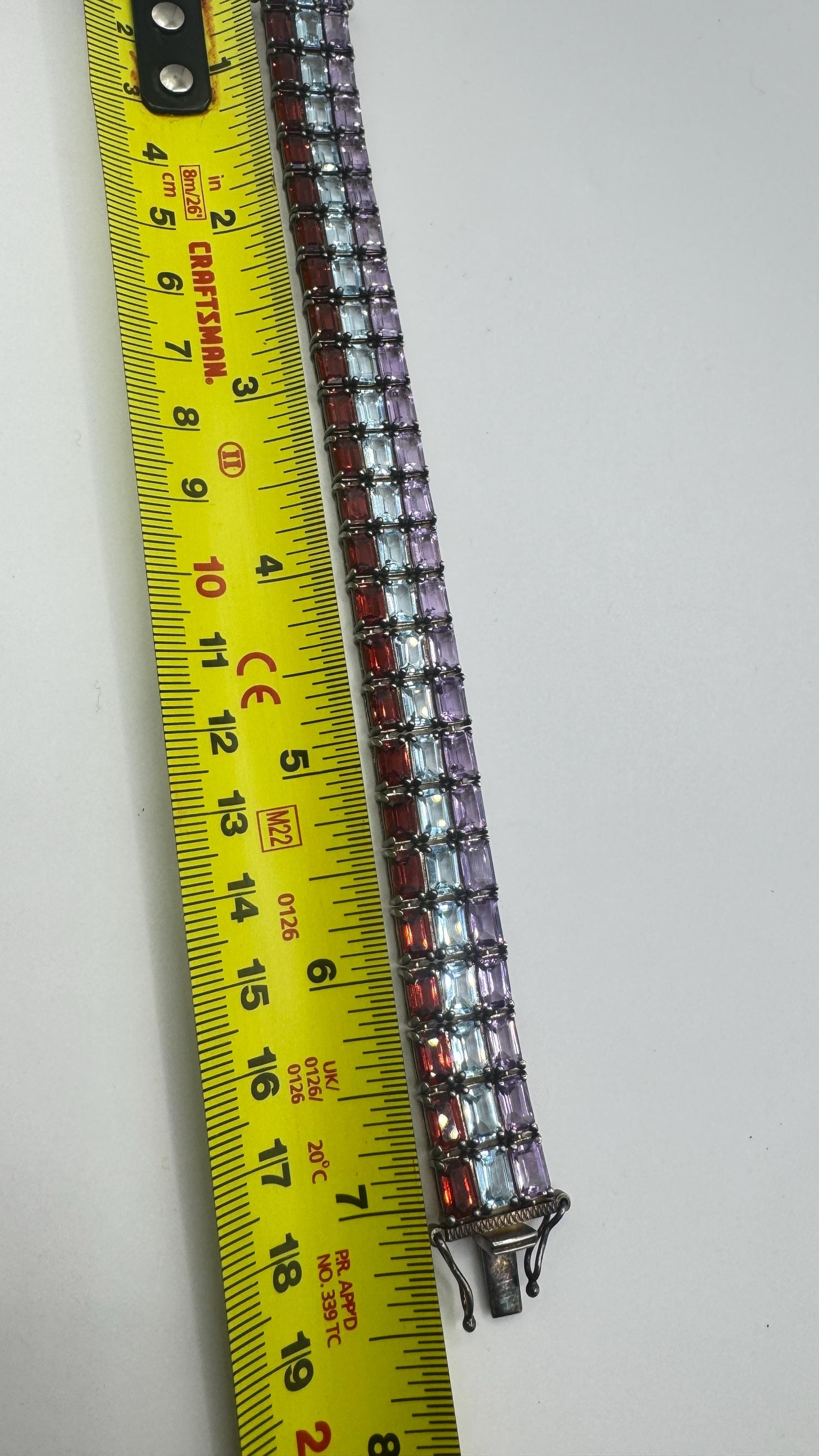 Vintage Garnet Amethyst Blue Topaz 925 Sterling Silver Tennis Bracelet