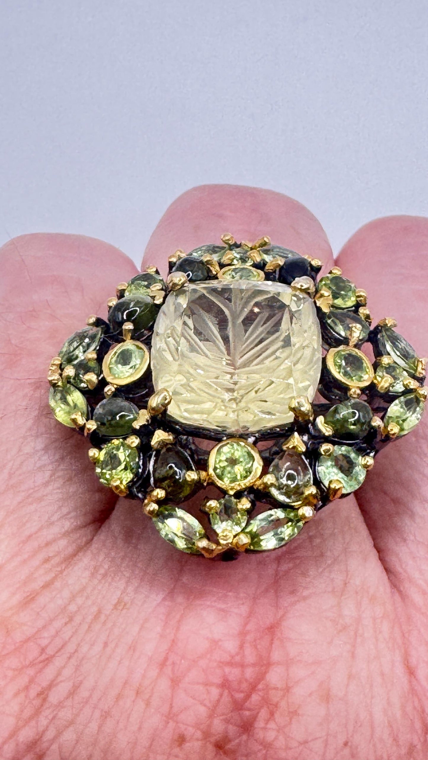 Vintage Citrine and Red Garnet 925 Sterling Silver Cocktail Ring