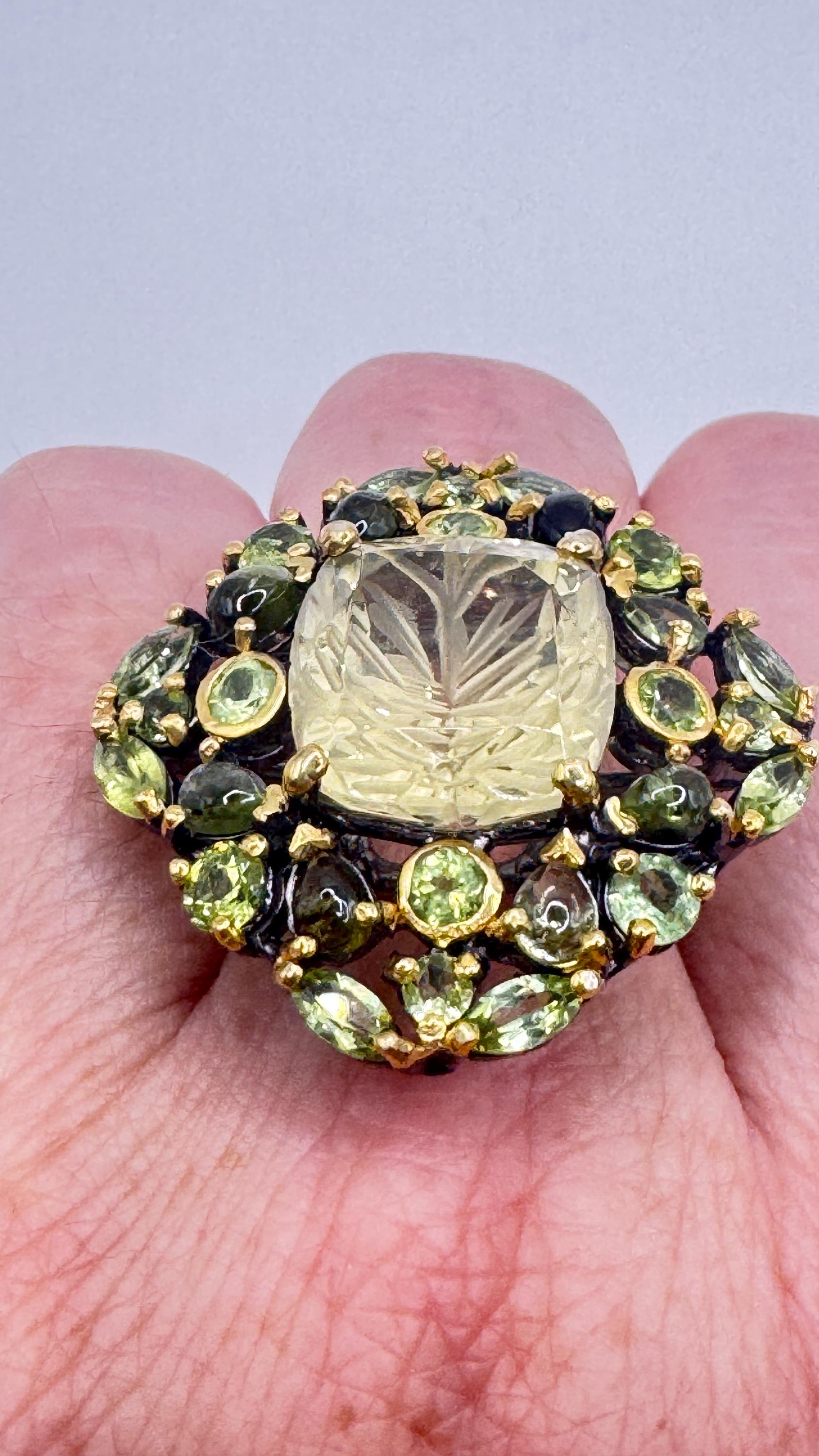 Vintage Citrine and Red Garnet 925 Sterling Silver Cocktail Ring