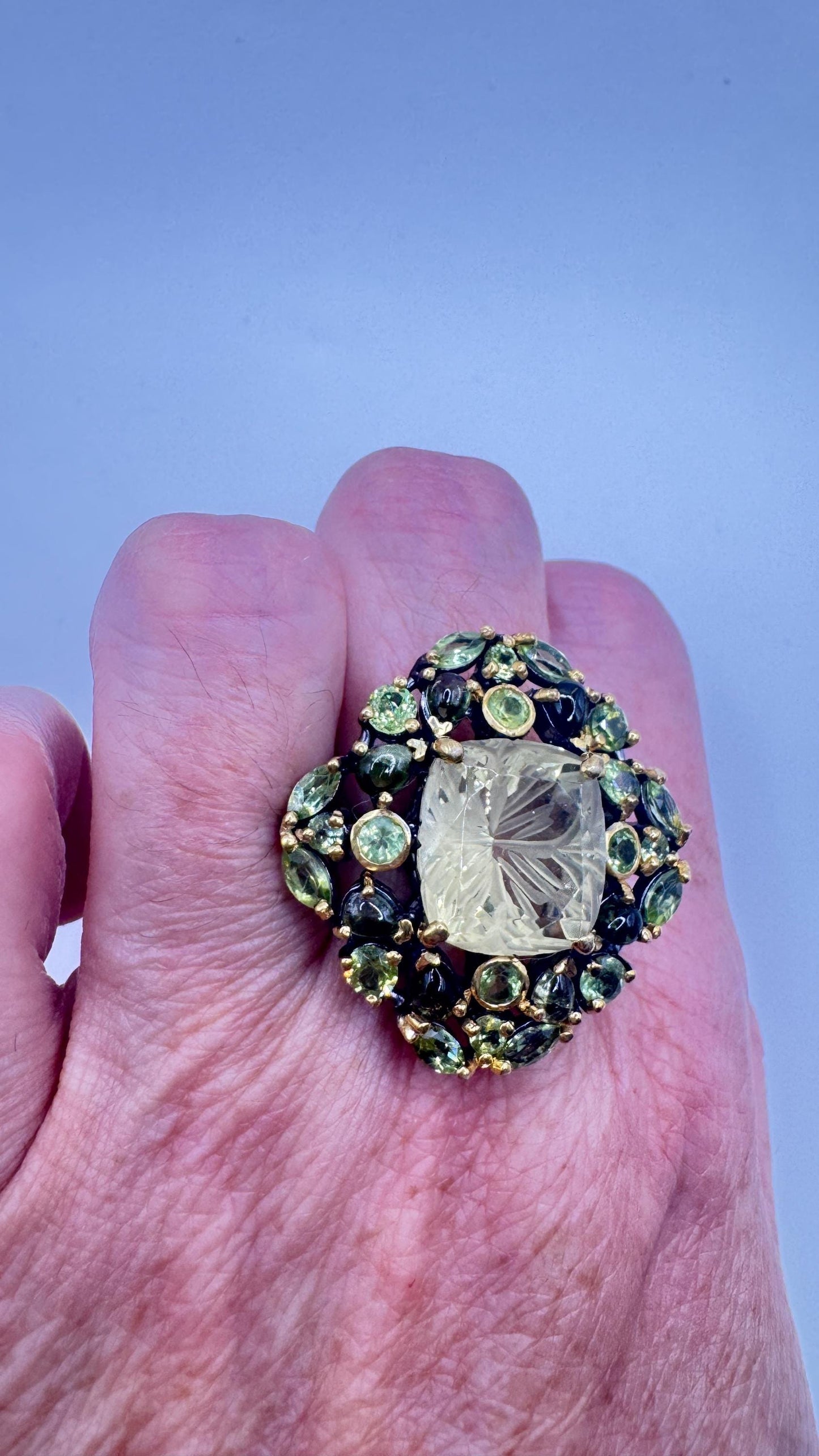 Vintage Citrine and Red Garnet 925 Sterling Silver Cocktail Ring