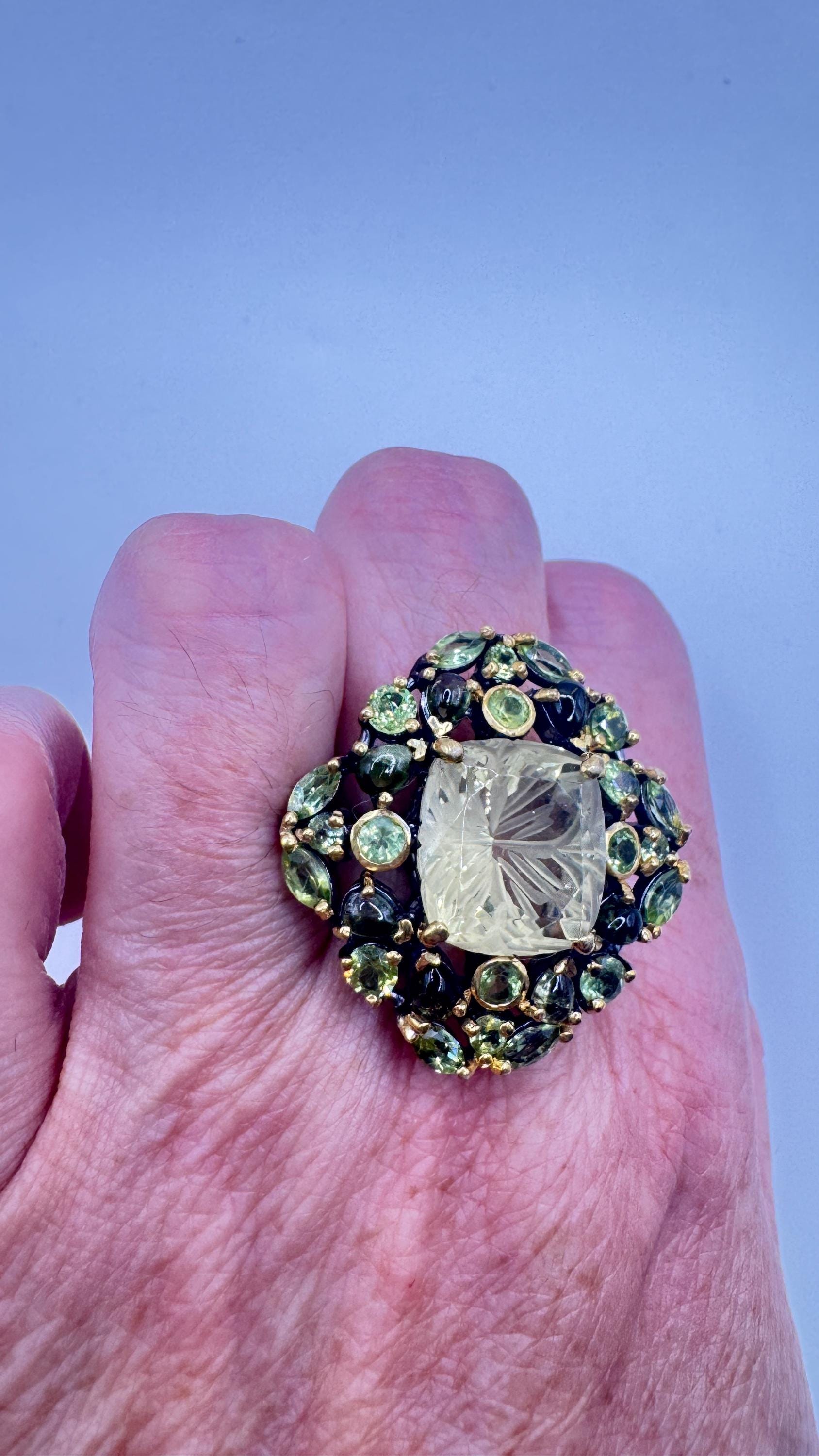 Vintage Citrine and Red Garnet 925 Sterling Silver Cocktail Ring