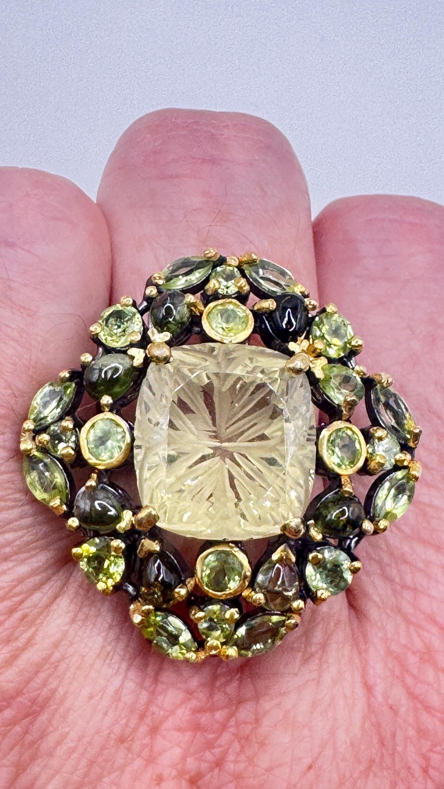 Vintage Citrine and Red Garnet 925 Sterling Silver Cocktail Ring