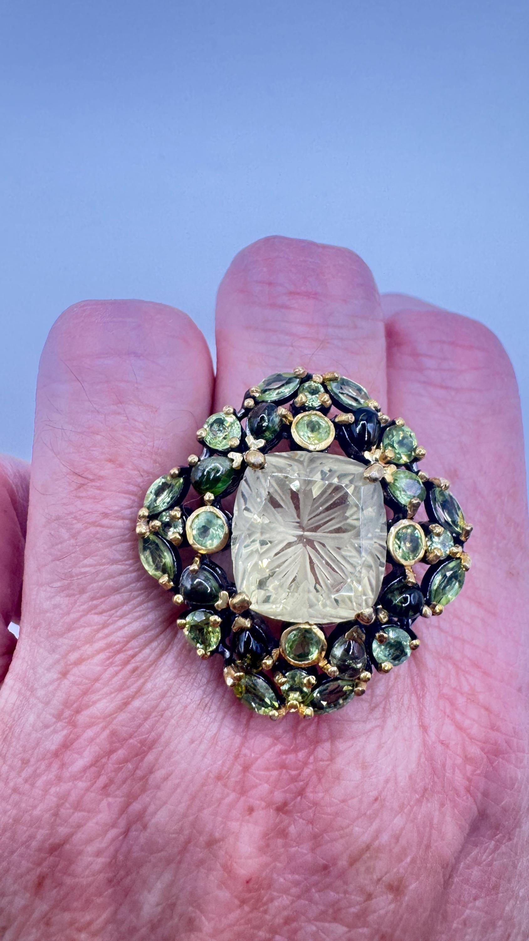 Vintage Citrine and Red Garnet 925 Sterling Silver Cocktail Ring