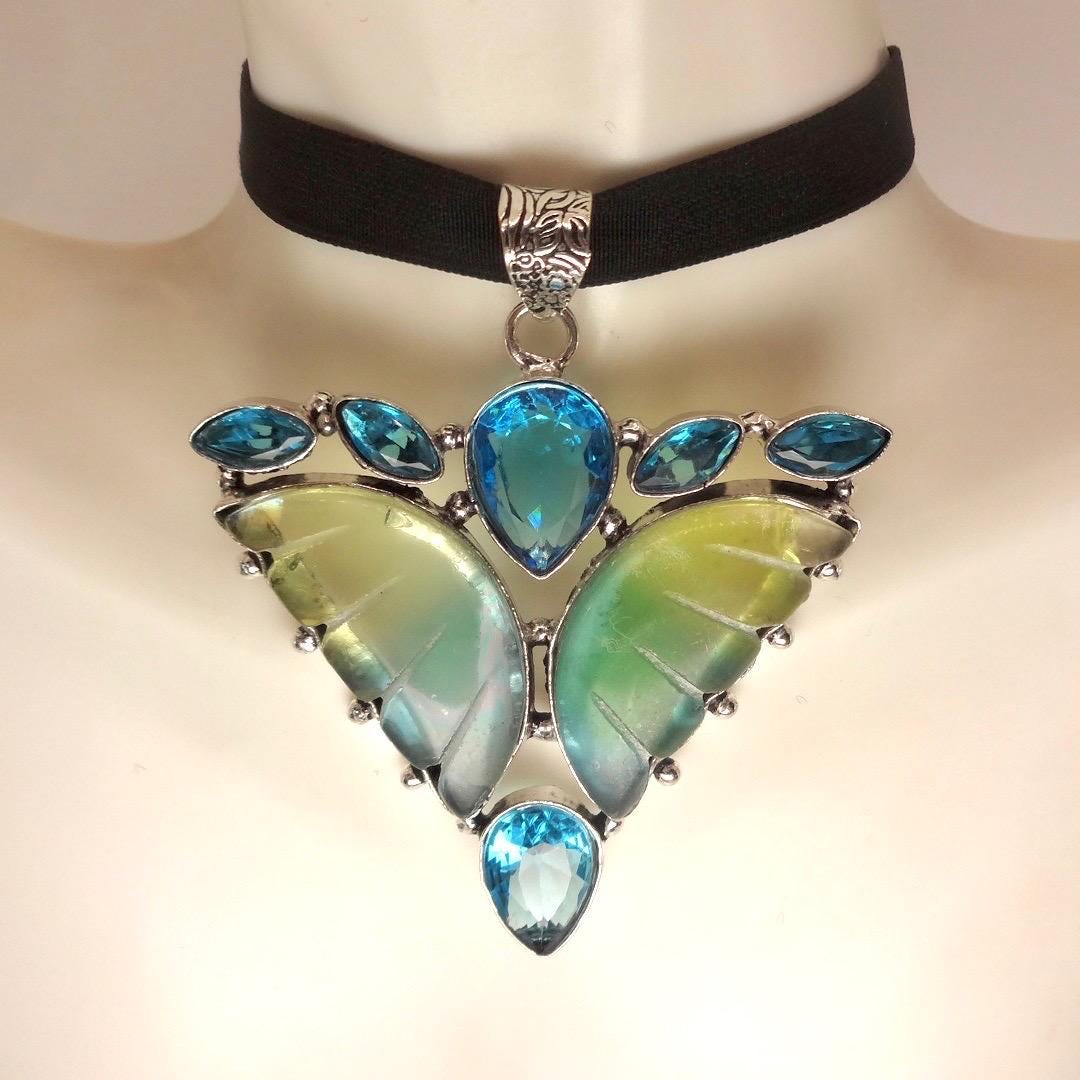 Vintage Glass Butterfly Pendant Necklace Velvet Choker