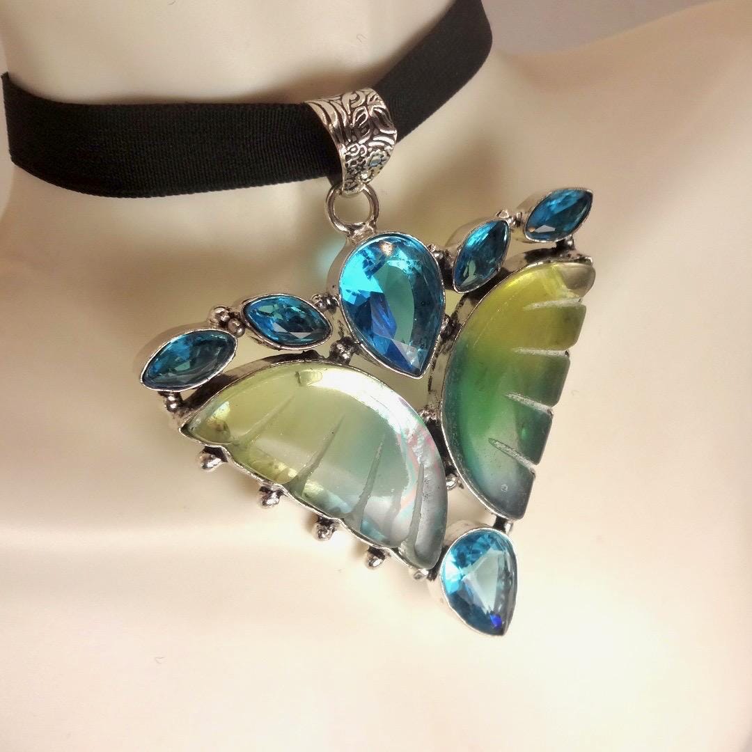 Vintage Glass Butterfly Pendant Necklace Velvet Choker