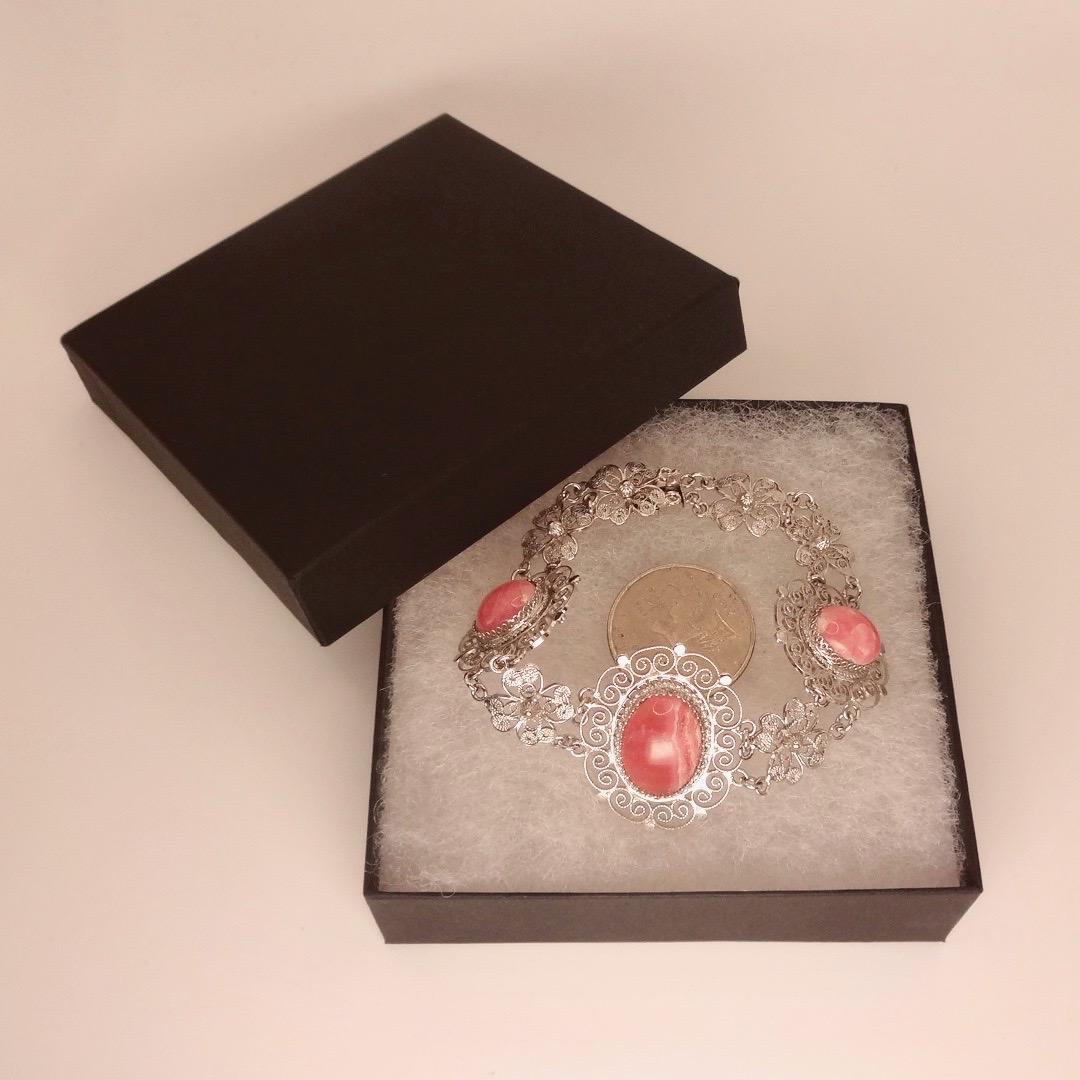 Vintage Pink Rhodochrosite Bangle Cuff Bracelet White Bronze Silver