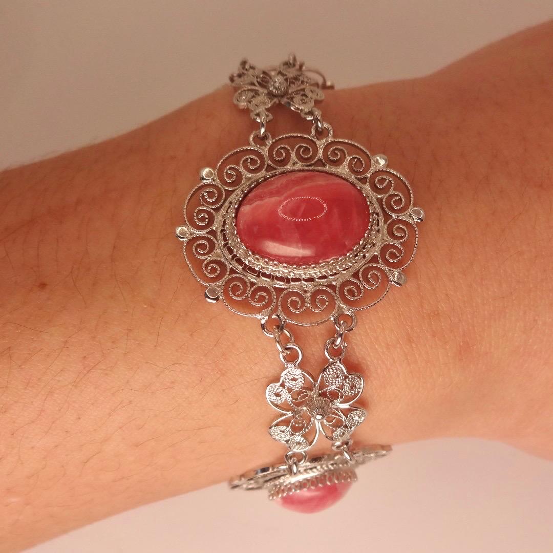 Vintage Pink Rhodochrosite Bangle Cuff Bracelet White Bronze Silver
