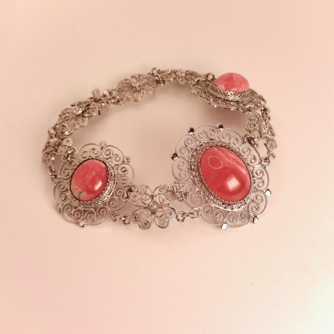Vintage Pink Rhodochrosite Bangle Cuff Bracelet White Bronze Silver