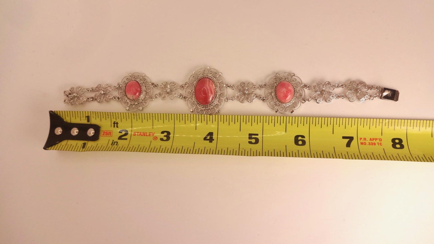 Vintage Pink Rhodochrosite Bangle Cuff Bracelet White Bronze Silver
