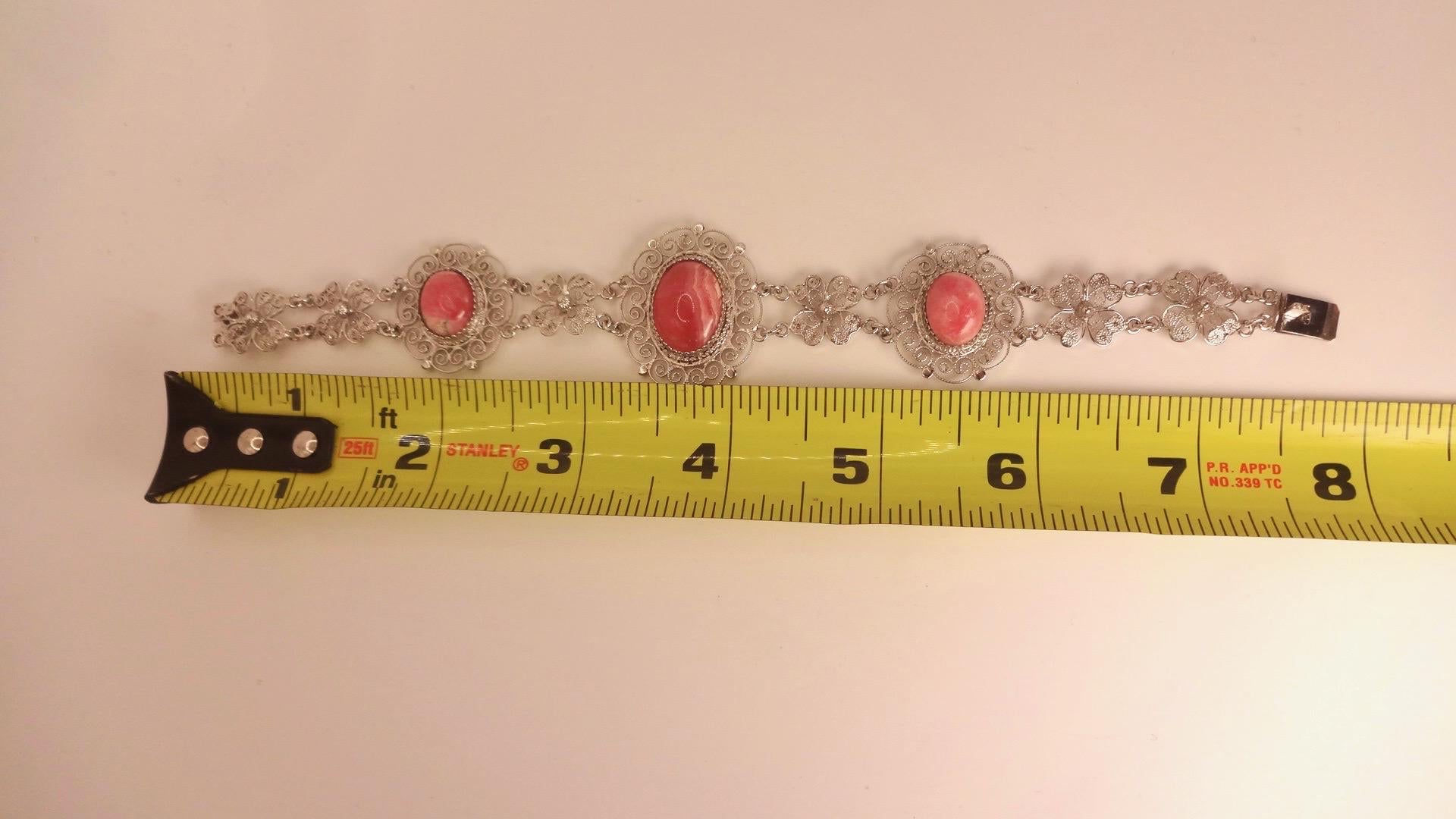 Vintage Pink Rhodochrosite Bangle Cuff Bracelet White Bronze Silver