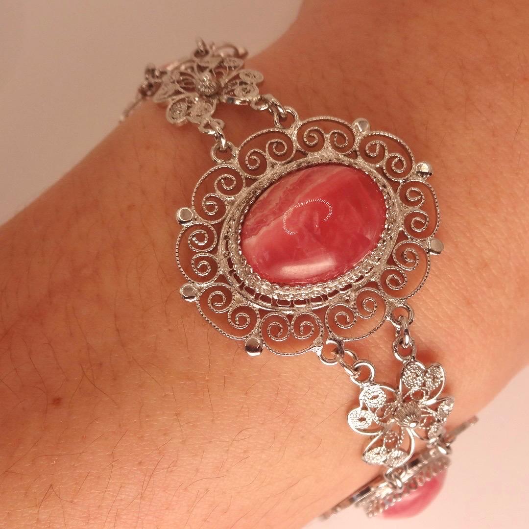 Vintage Pink Rhodochrosite Bangle Cuff Bracelet White Bronze Silver