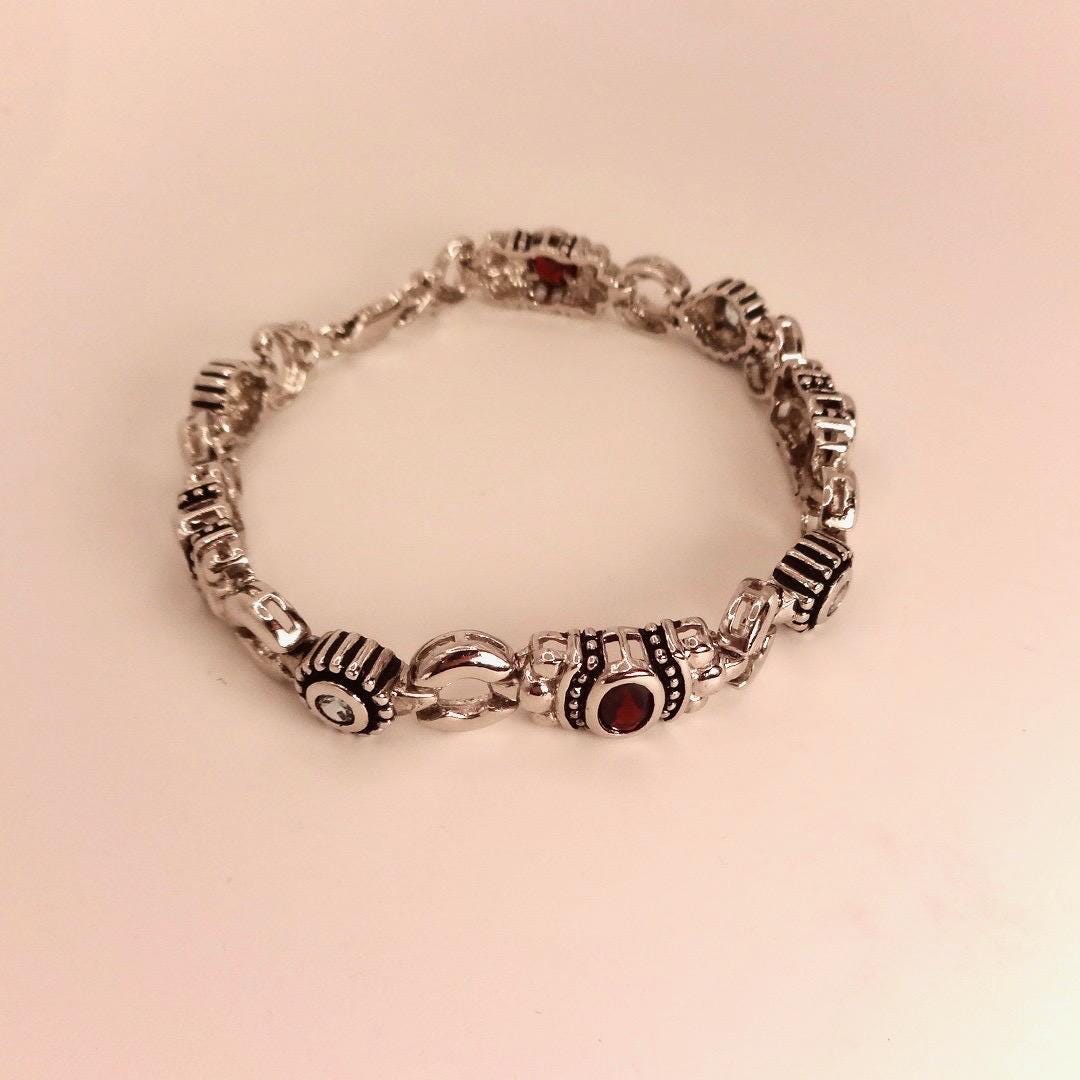 Vintage Red Garnet Clear Quartz Bracelet Sterling Silver Deco Tennis