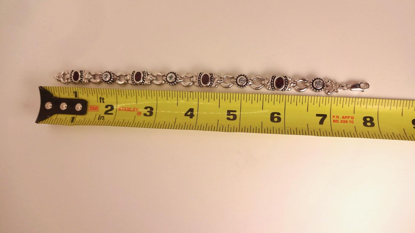 Vintage Red Garnet Clear Quartz Bracelet Sterling Silver Deco Tennis