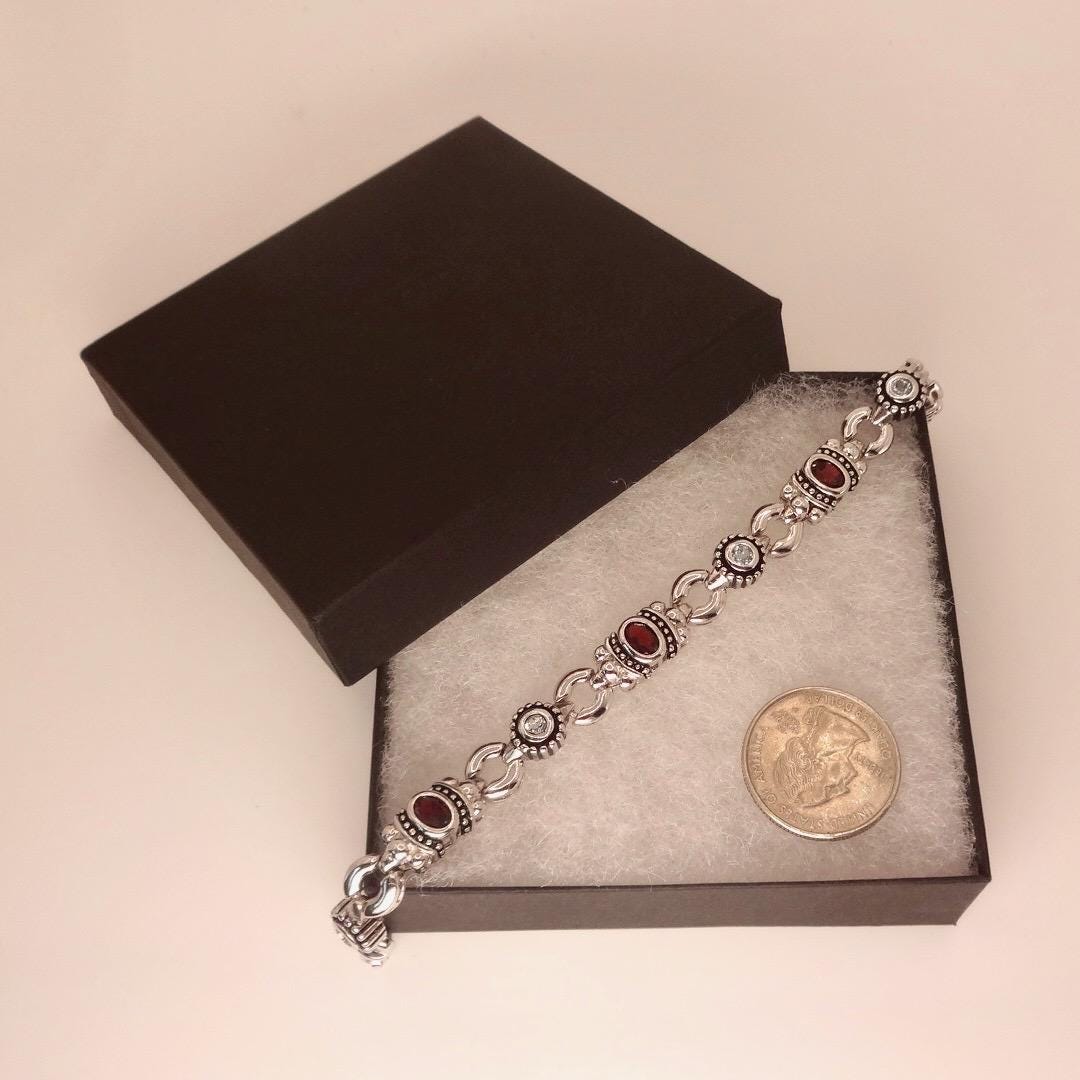 Vintage Red Garnet Clear Quartz Bracelet Sterling Silver Deco Tennis