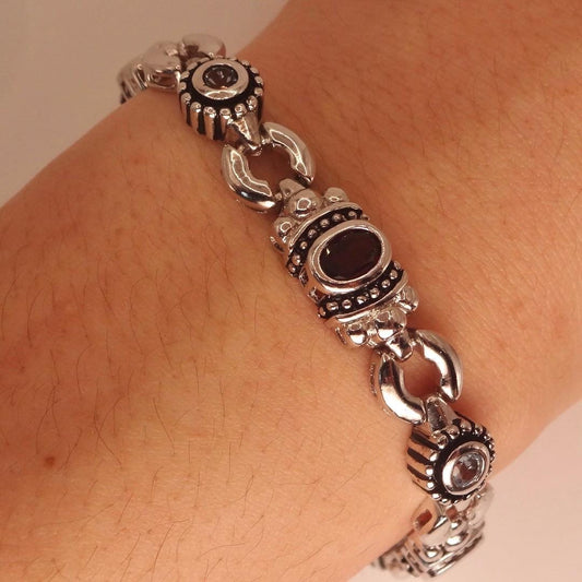 Vintage Red Garnet Clear Quartz Bracelet Sterling Silver Deco Tennis