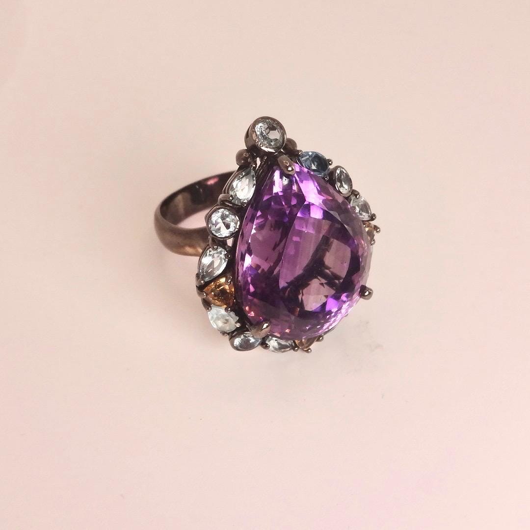 Vintage Purple Amethyst 925 Sterling Silver Cocktail Ring
