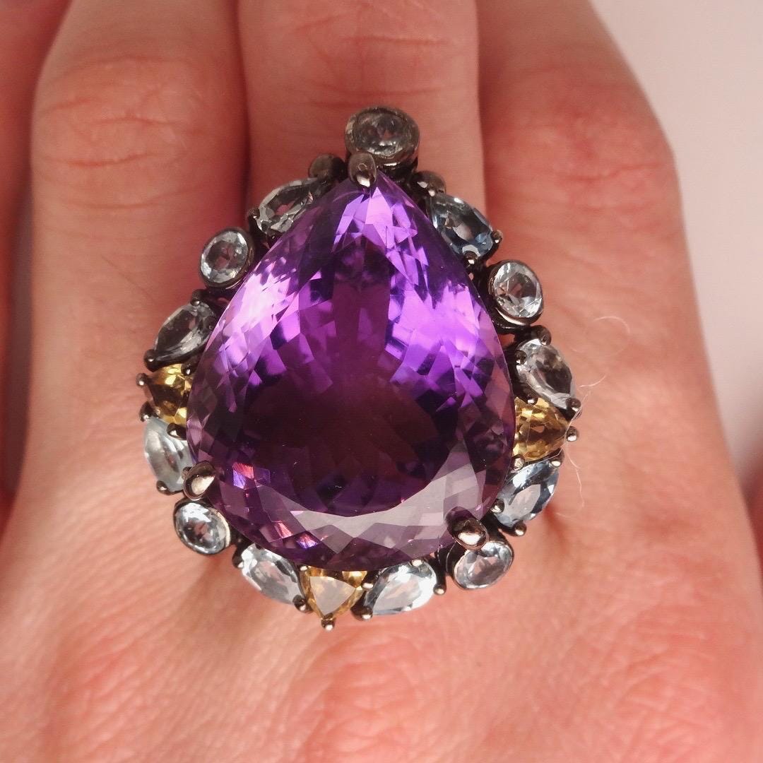 Vintage Purple Amethyst 925 Sterling Silver Cocktail Ring