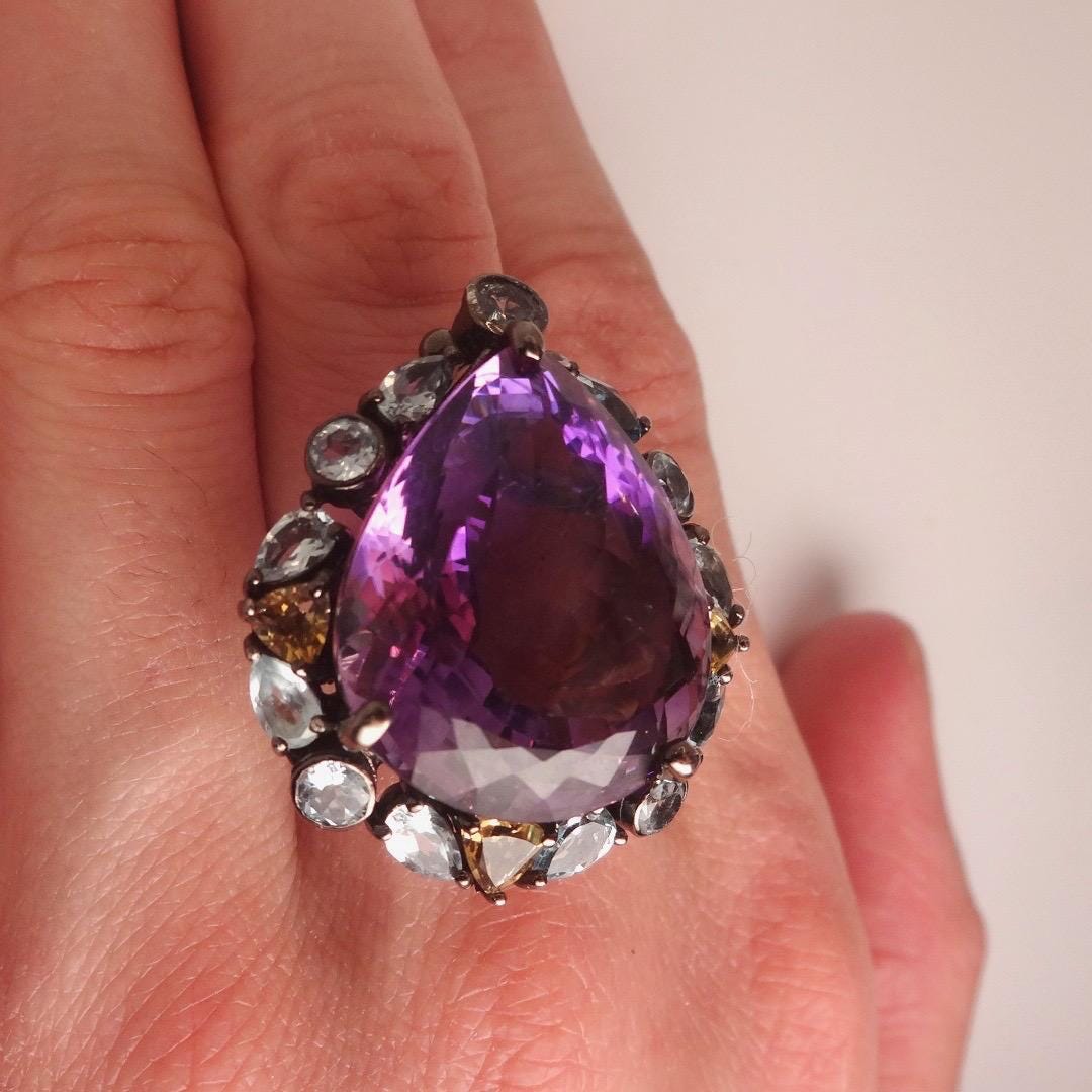 Vintage Purple Amethyst 925 Sterling Silver Cocktail Ring