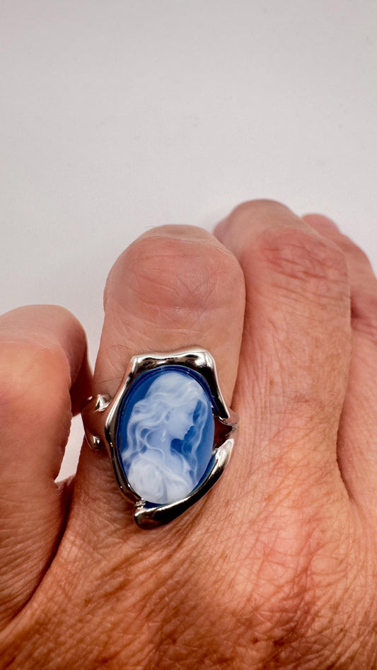 Vintage Blue Onyx Cameo 925 Sterling Silver Cocktail Ring